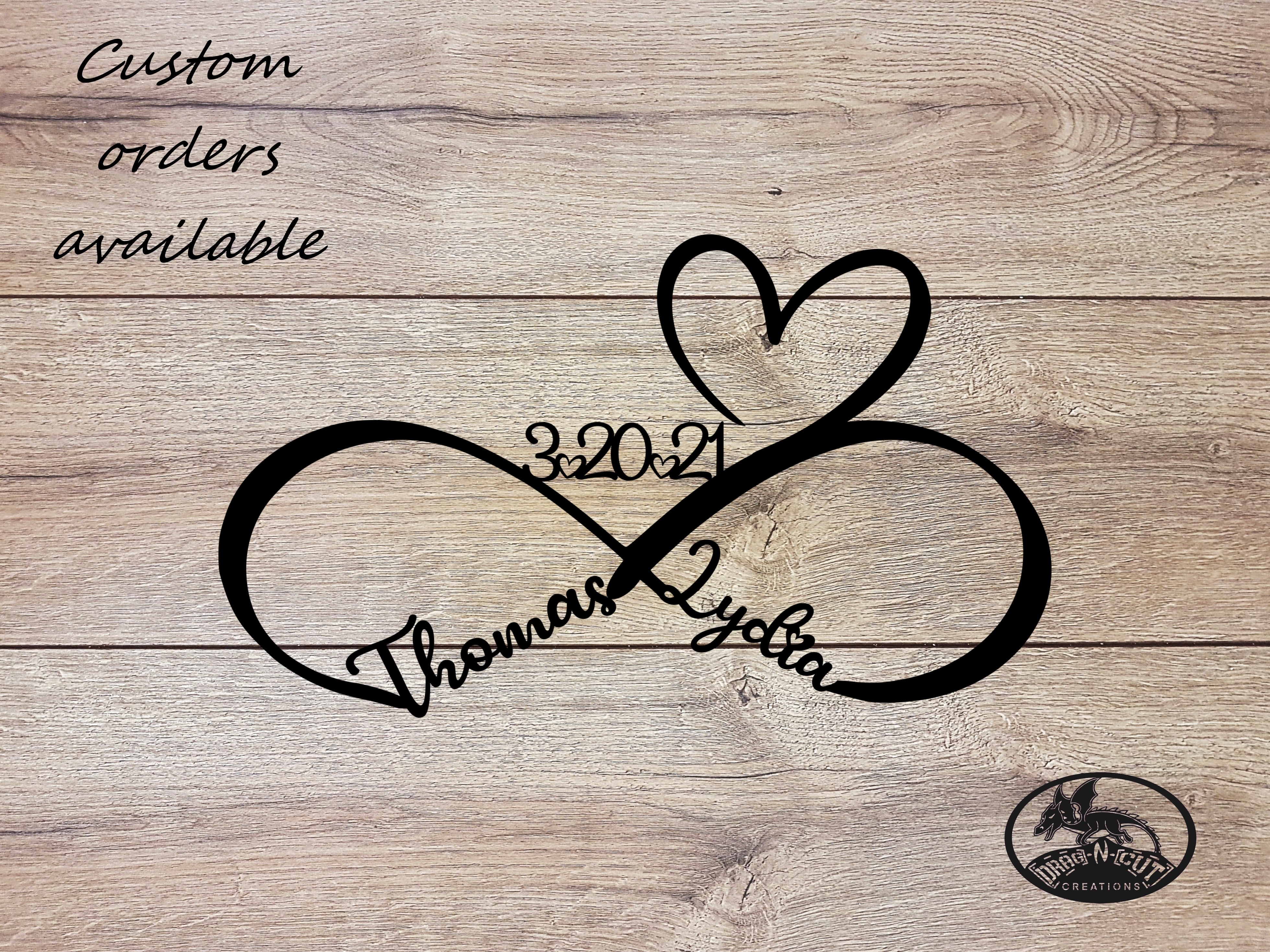 Black infinity heart symbol metal wall art sign with custom couples names and wedding date