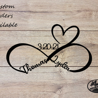 Black infinity heart symbol metal wall art sign with custom couples names and wedding date