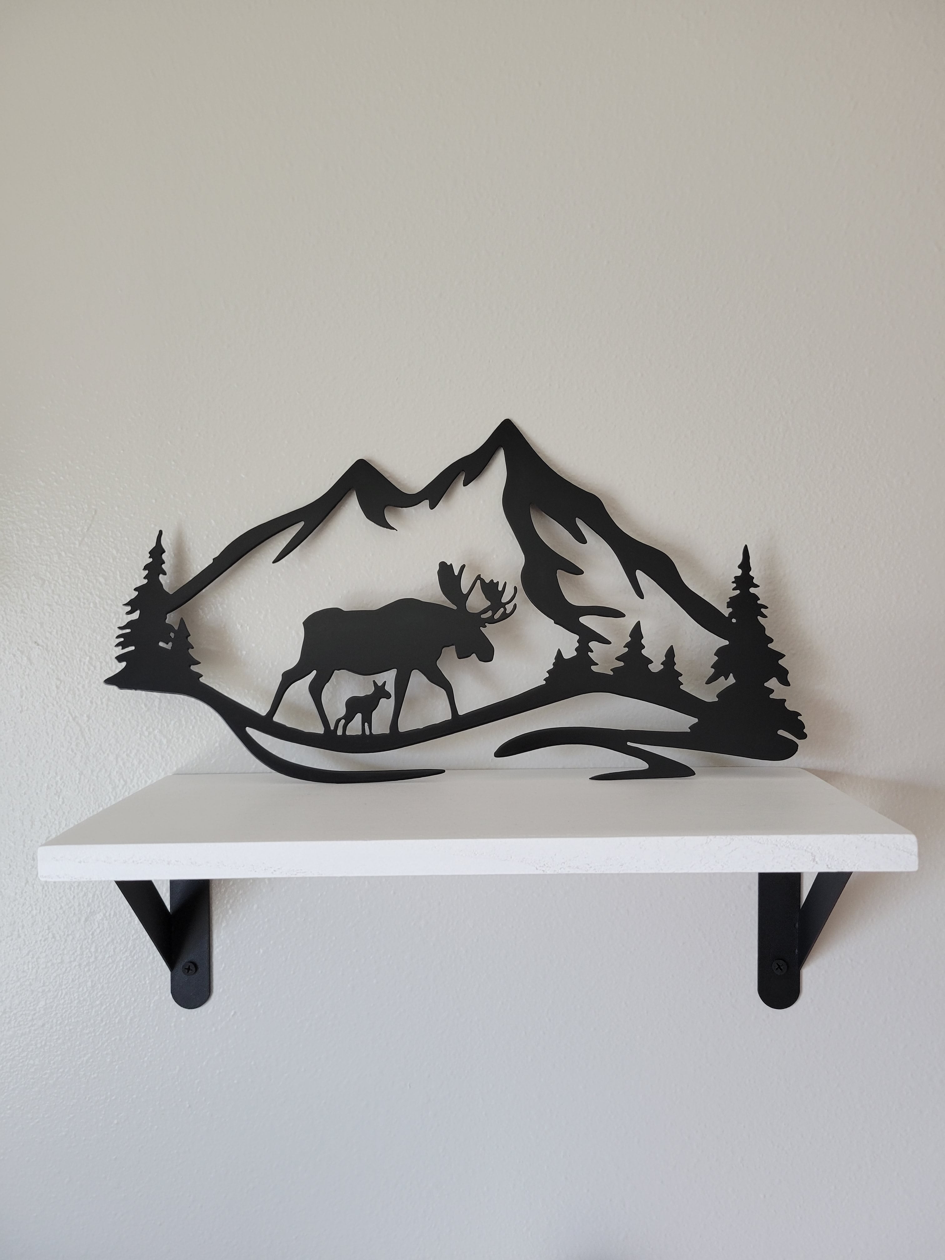 Metal Wall Cabin Camper Camping RVing Art Moose and Calf Outdoor Sign Mountain Scene