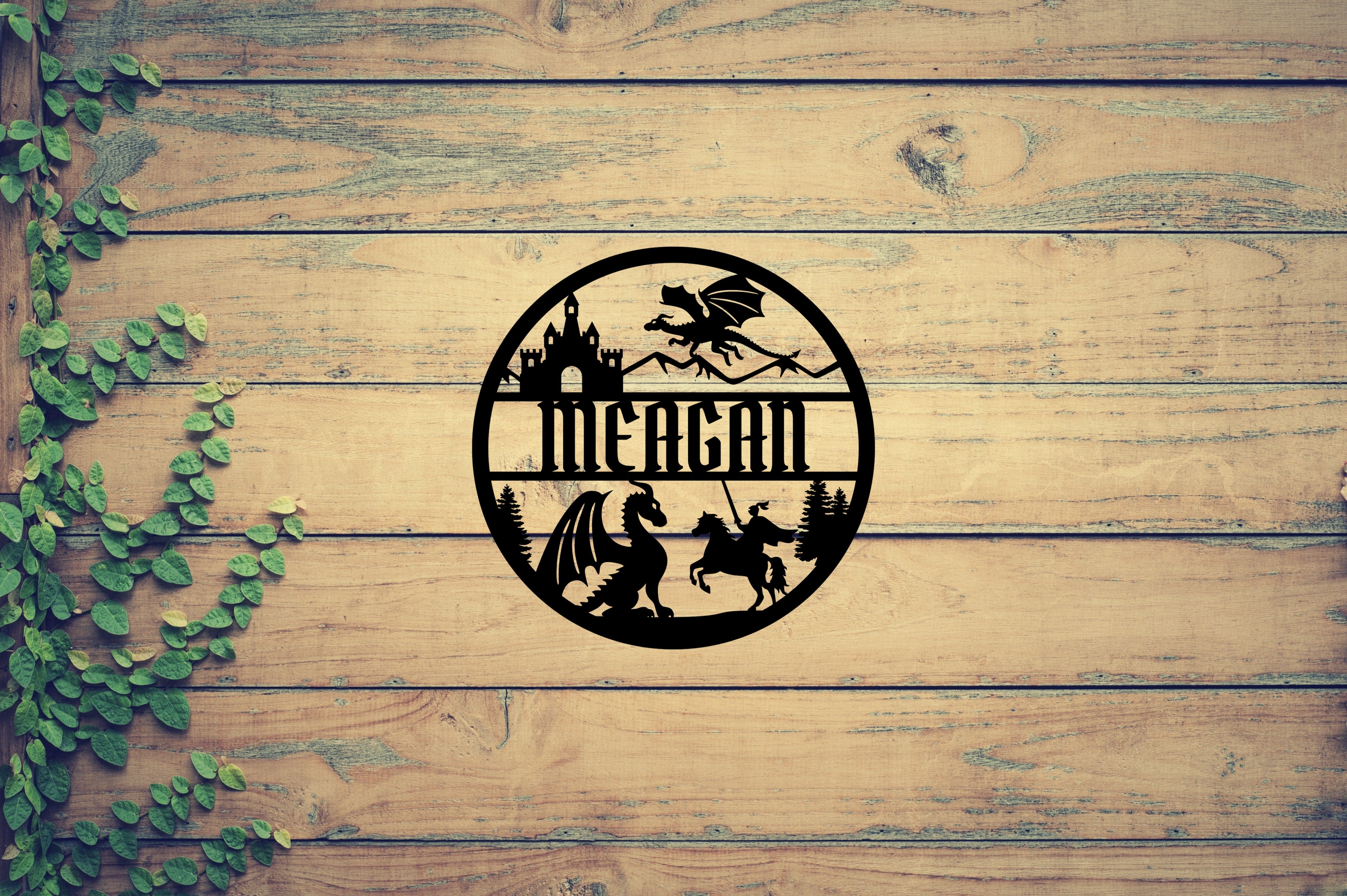 Personalized Custom Metal Wall Art Sign, Dragon and Knight Mountain Scene, Address, Last Name Father's Day