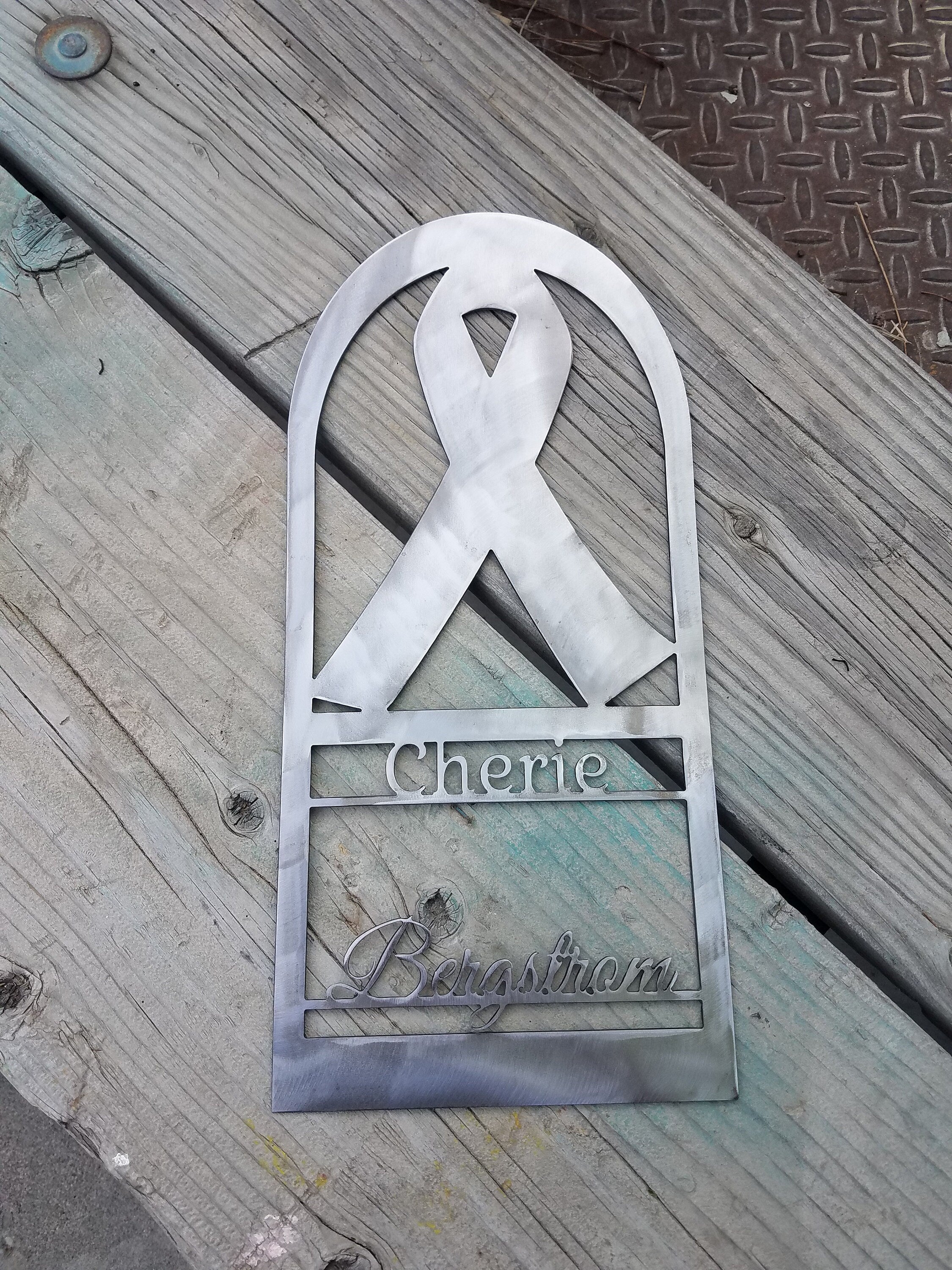 Custom Cancer Ribbon in Frame, Personalized Name, Remembrance Metal Wall Art