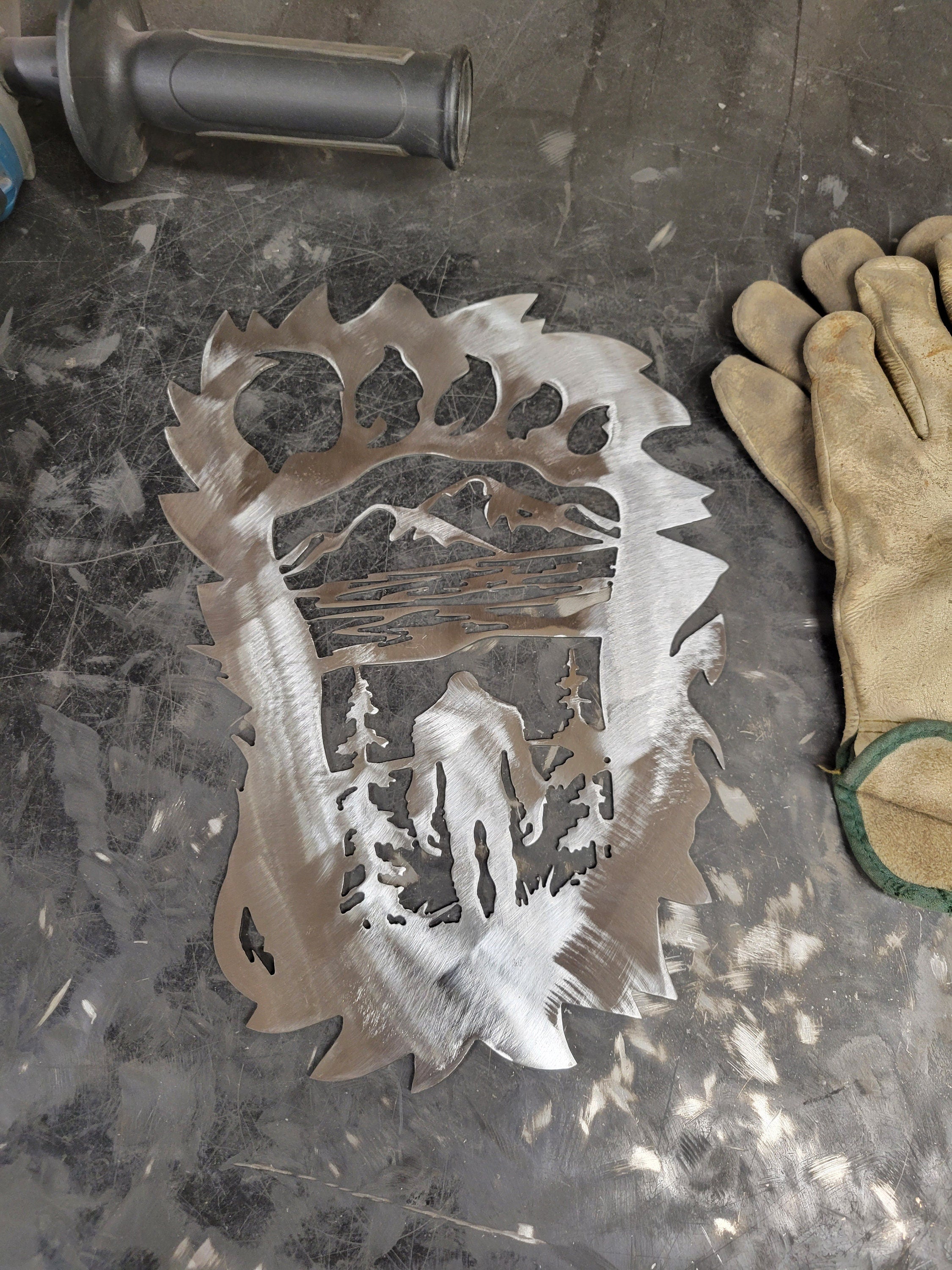 Color Airbrushed Metal Wall Art Bigfoot Sasquatch Standing in Footprint Outdoor Mountains Trees Cabin Décor Sign