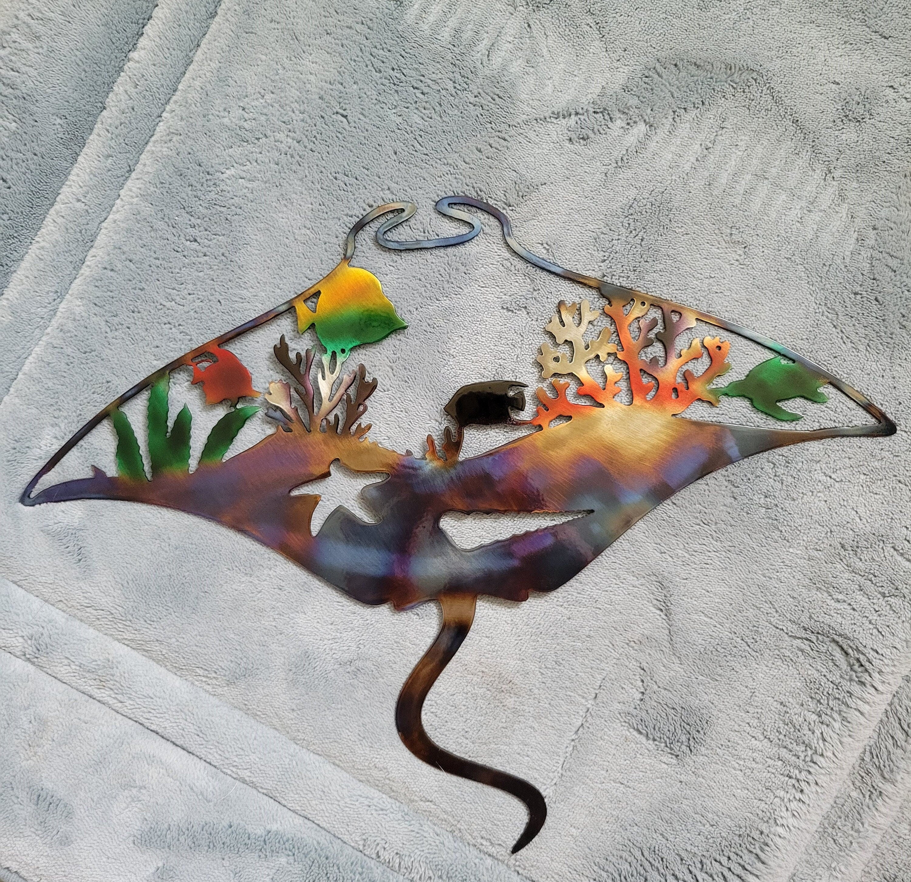 Hand Airbrushed, one of a kind, Metal Wall Art Stingray, Ocean Life Décor Scene, Manta ray, Starfish