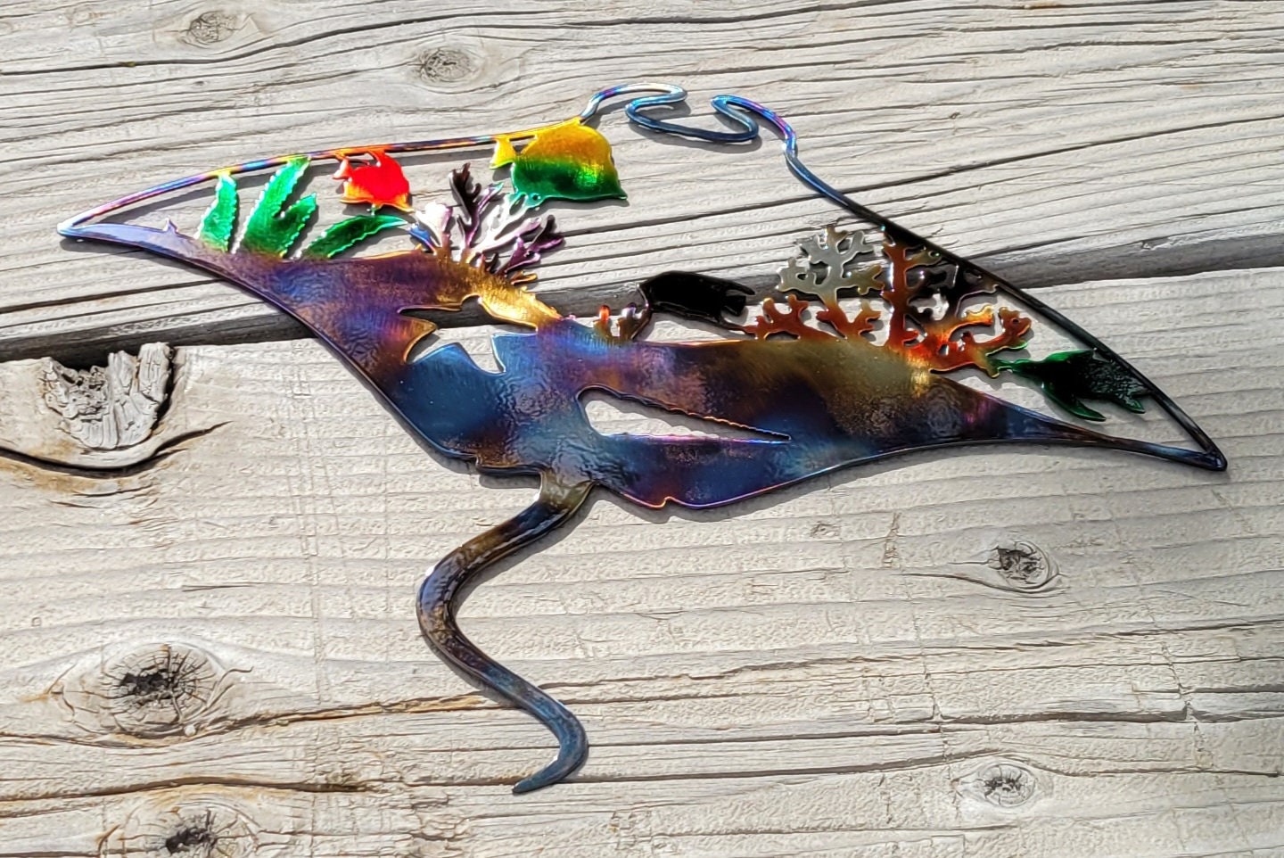 Hand Airbrushed, one of a kind, Metal Wall Art Stingray, Ocean Life Décor Scene, Manta ray, Starfish
