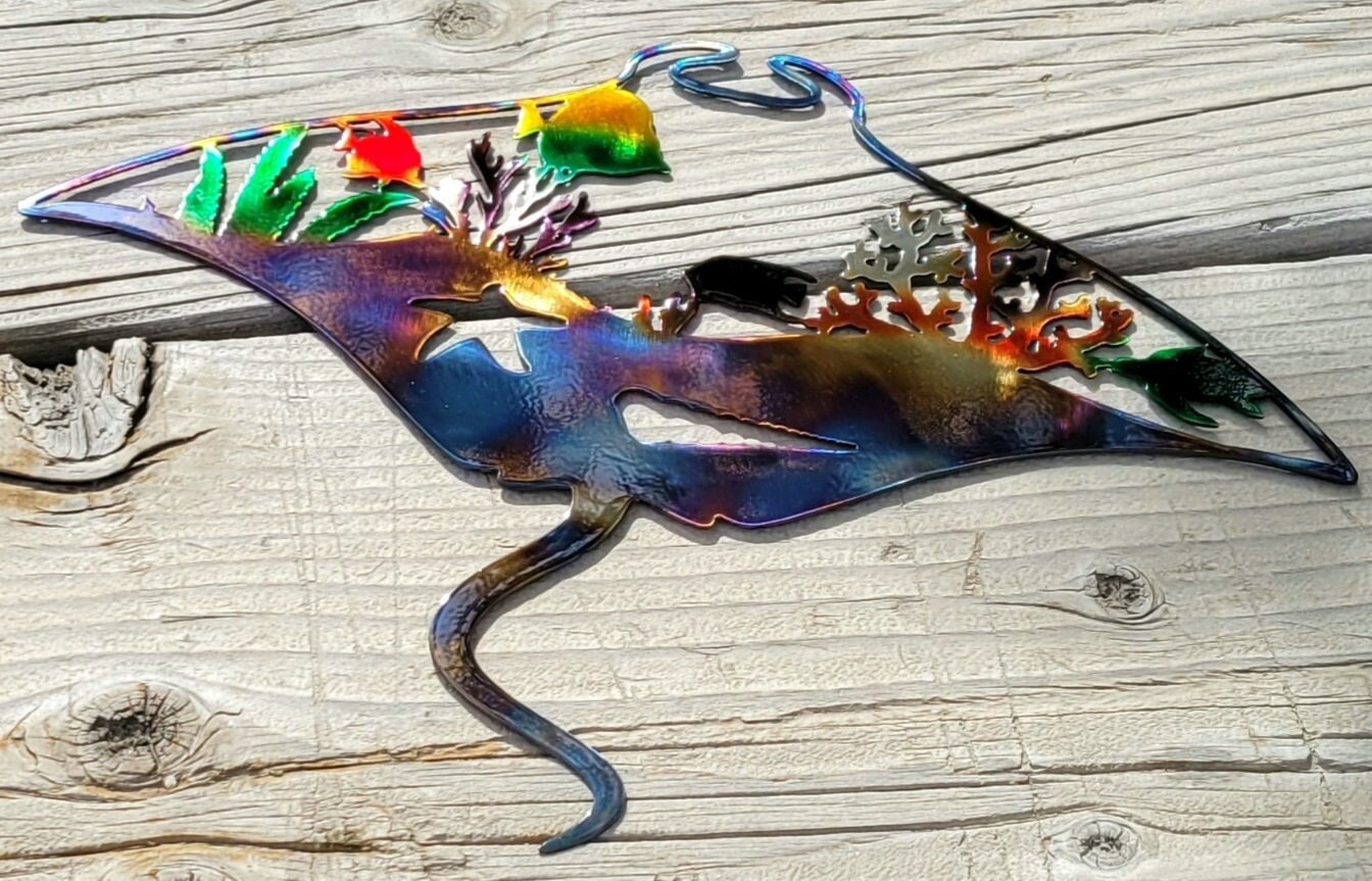 Hand Airbrushed, one of a kind, Metal Wall Art Stingray, Ocean Life Décor Scene, Manta ray, Starfish