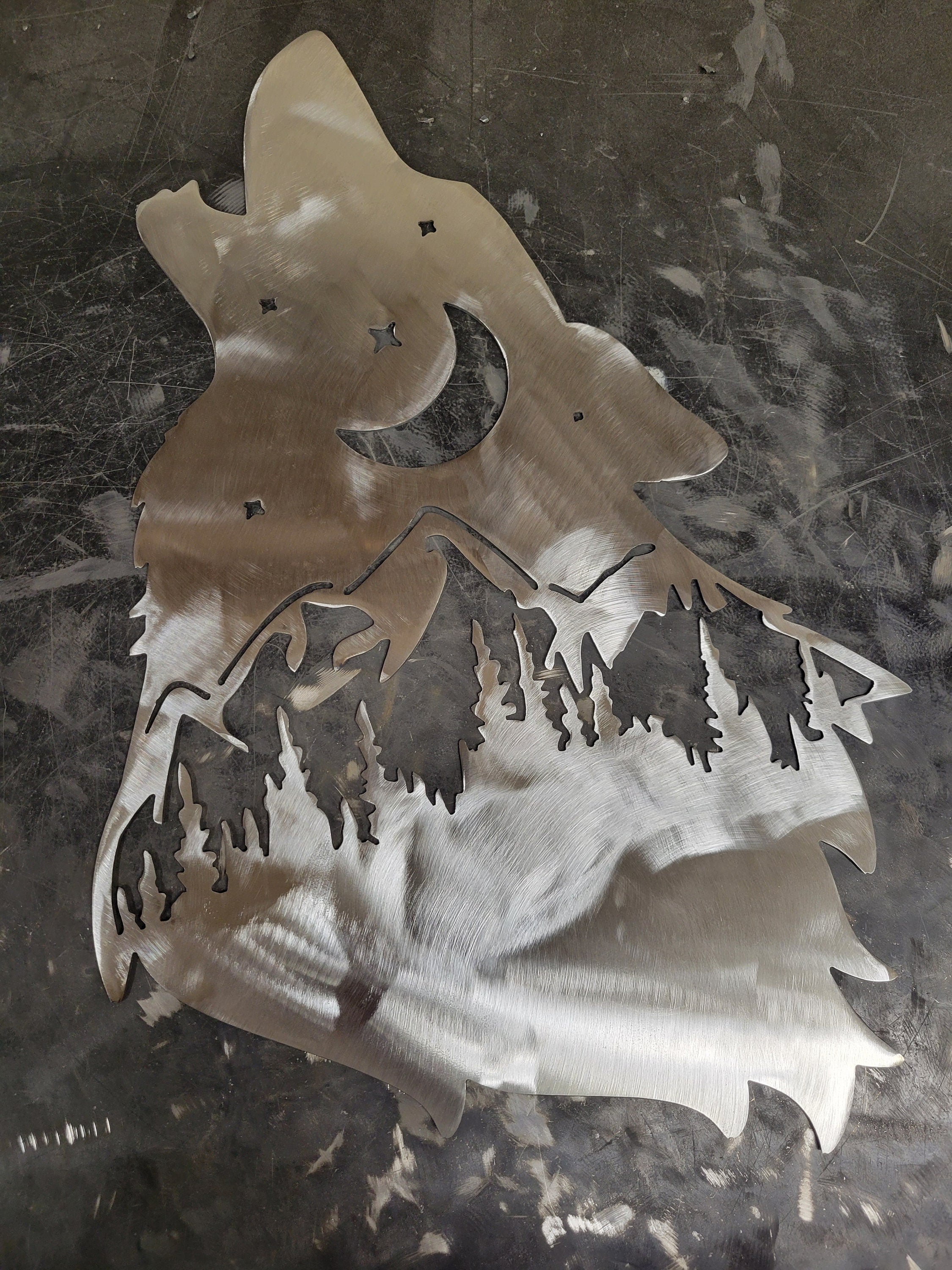 Hand Airbrushed Metal Wall Art Sign Wolf Coyote Mountain Tree Night Sky Scene Outdoor Cabin Sign