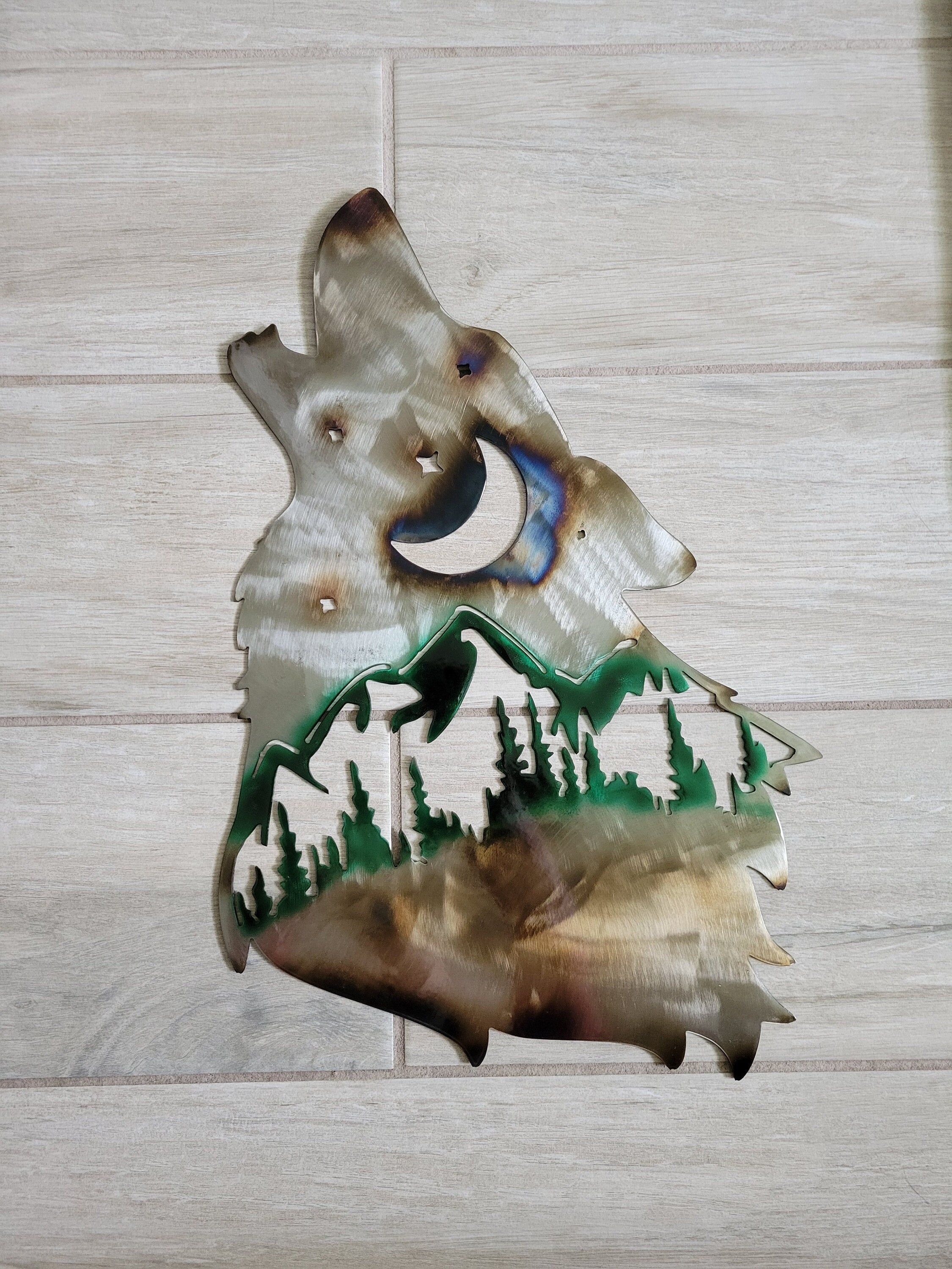 Hand Airbrushed Metal Wall Art Sign Wolf Coyote Mountain Tree Night Sky Scene Outdoor Cabin Sign