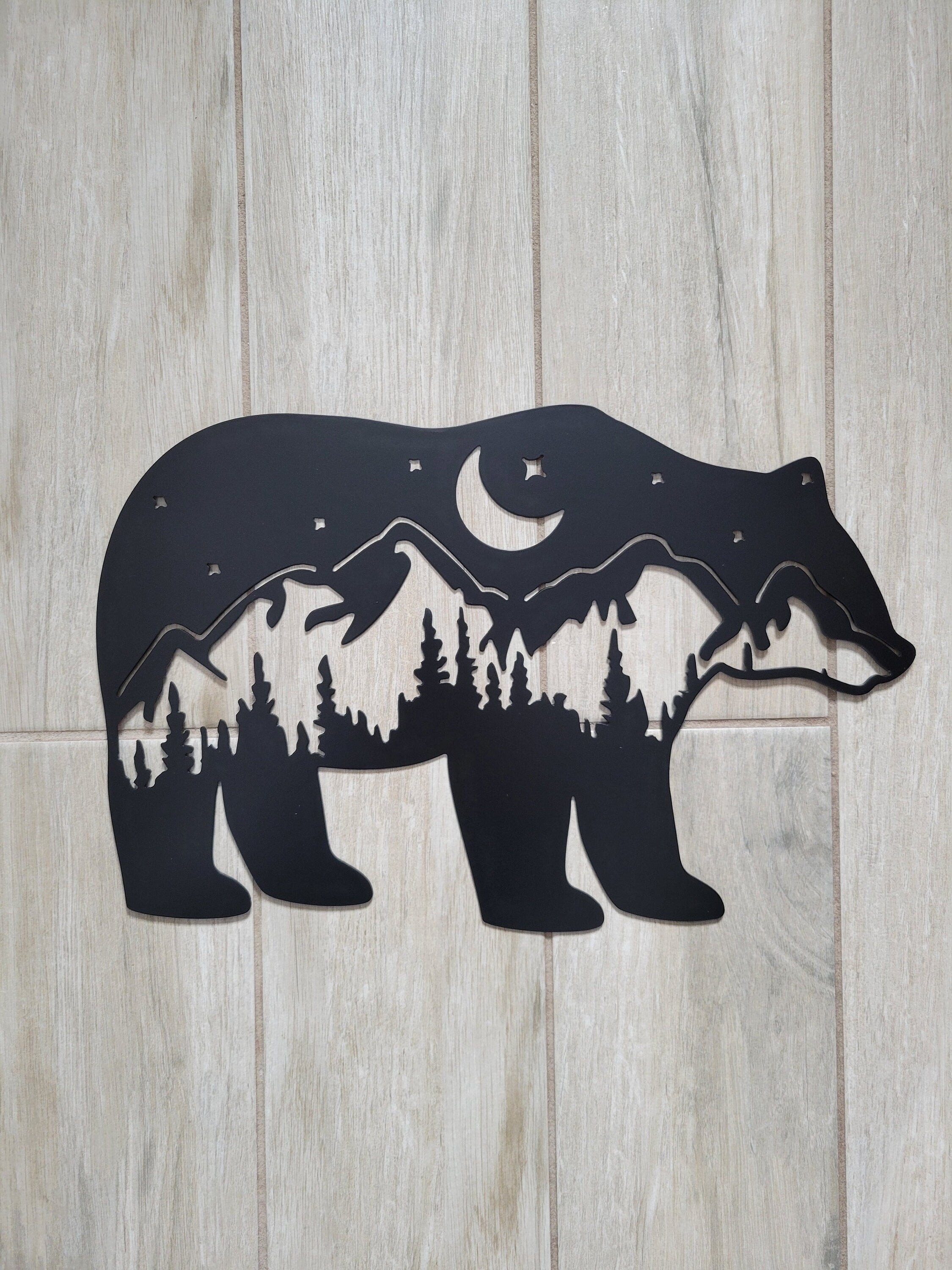 Metal Wall Art Bear Mountain Tree Night Sky Scene Outdoor Cabin