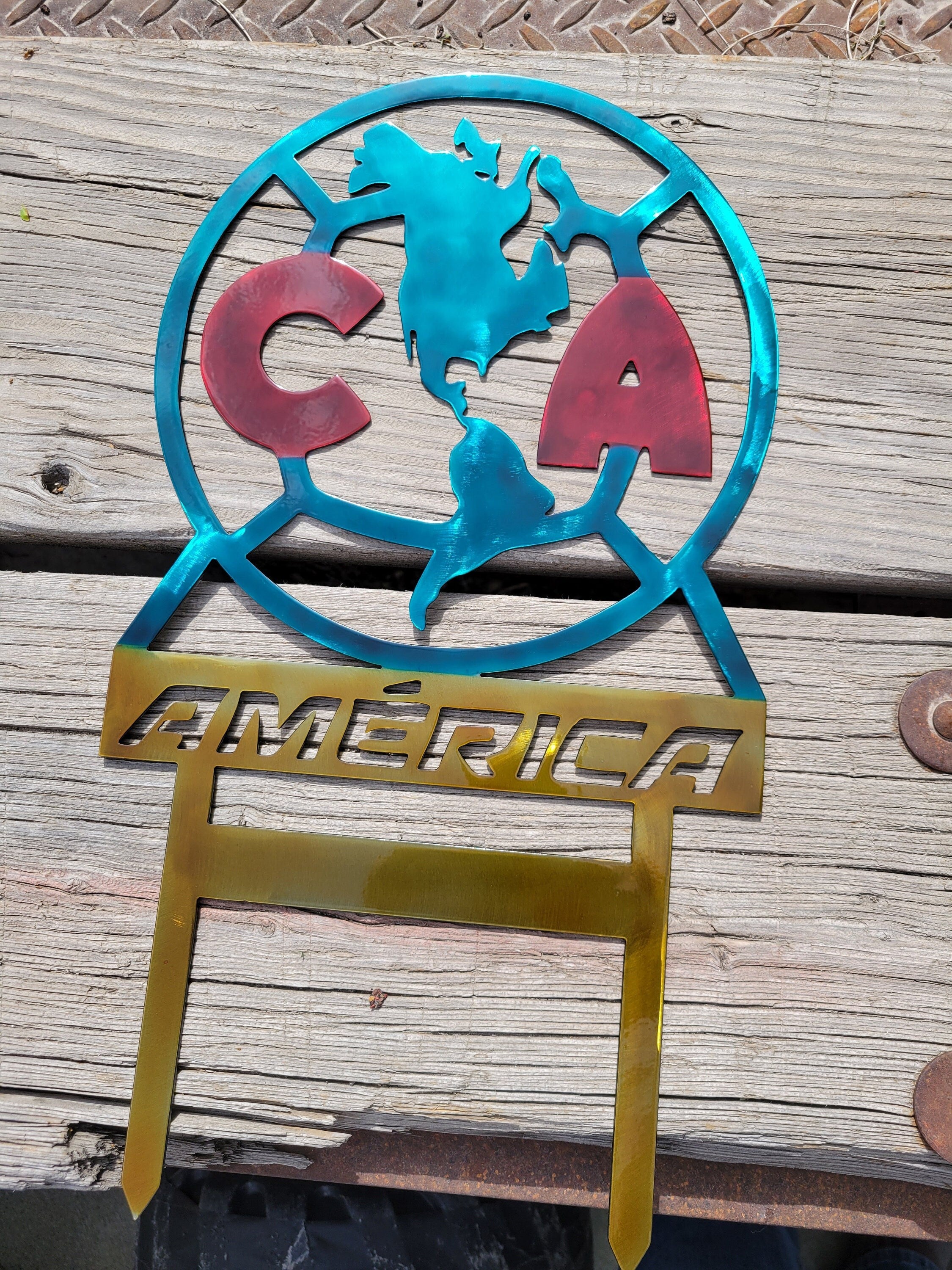 Club America Metal Art Sign Soccer Football Fútbol Ball Airbrushed Yard Garden Art Lawn Ground Stake